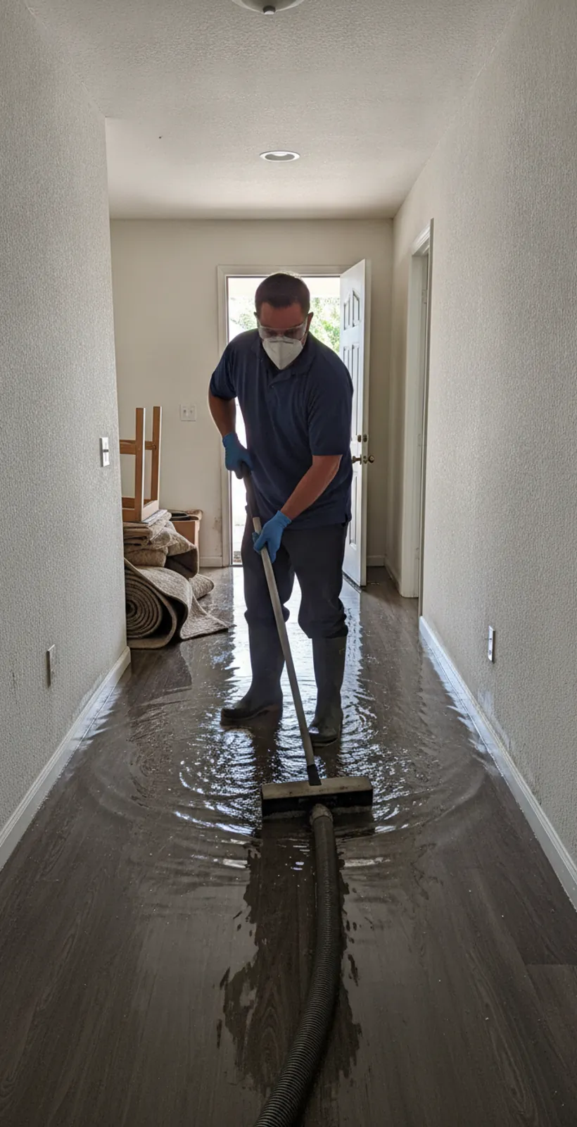 Water damage restoration technician extracting water from a flooded Santa Clarita home