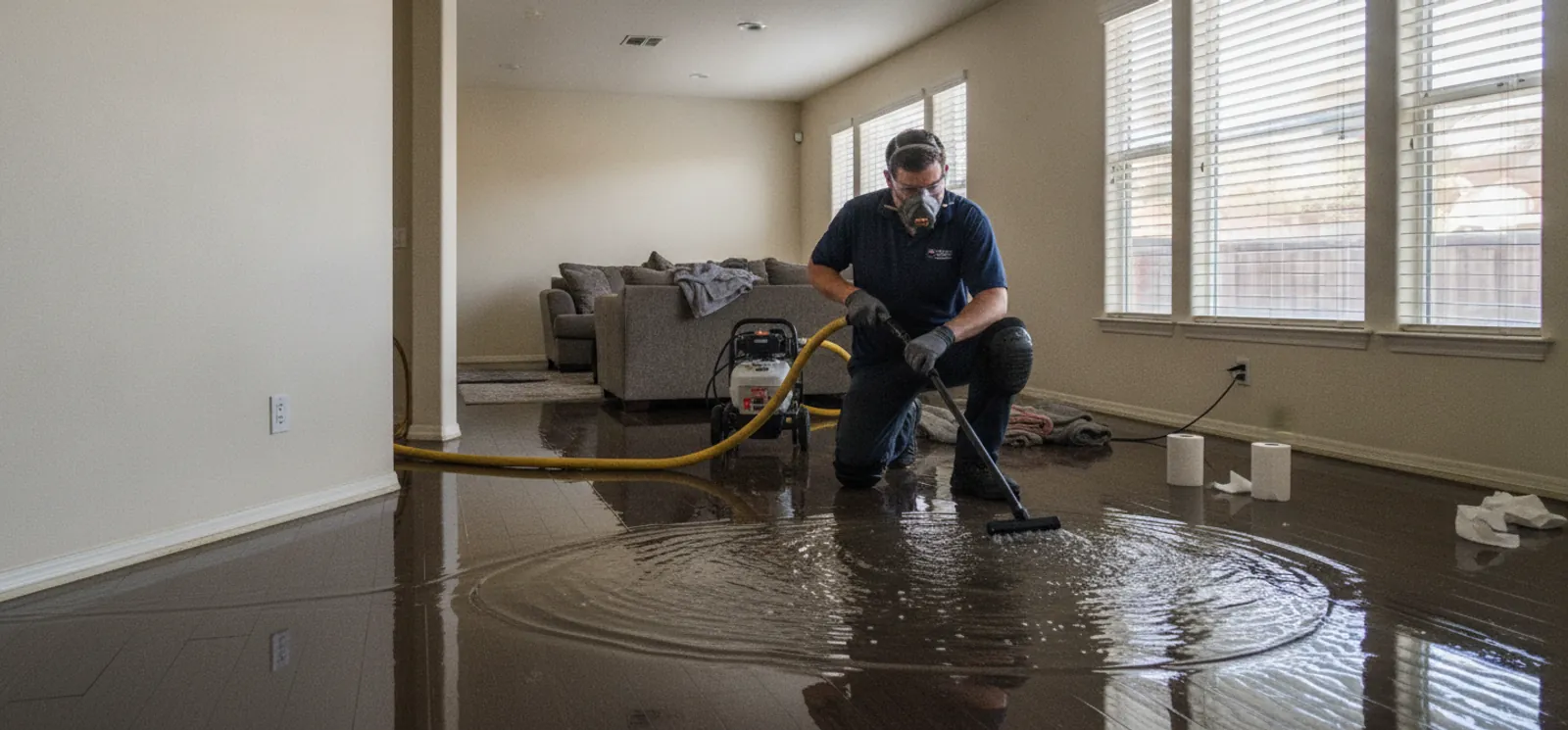 Water damage restoration technician extracting water from a flooded Santa Clarita home